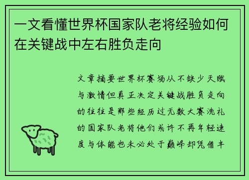 一文看懂世界杯国家队老将经验如何在关键战中左右胜负走向 一文看懂世界杯国家队老将经验如何在关键战中左右胜负走向