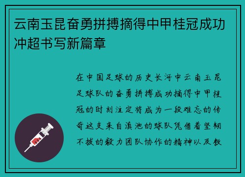 云南玉昆奋勇拼搏摘得中甲桂冠成功冲超书写新篇章 云南玉昆奋勇拼搏摘得中甲桂冠成功冲超书写新篇章