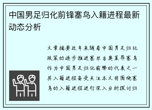 中国男足归化前锋塞鸟入籍进程最新动态分析