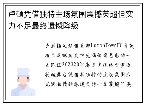 卢顿凭借独特主场氛围震撼英超但实力不足最终遗憾降级 卢顿凭借独特主场氛围震撼英超但实力不足最终遗憾降级