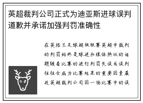 英超裁判公司正式为迪亚斯进球误判道歉并承诺加强判罚准确性